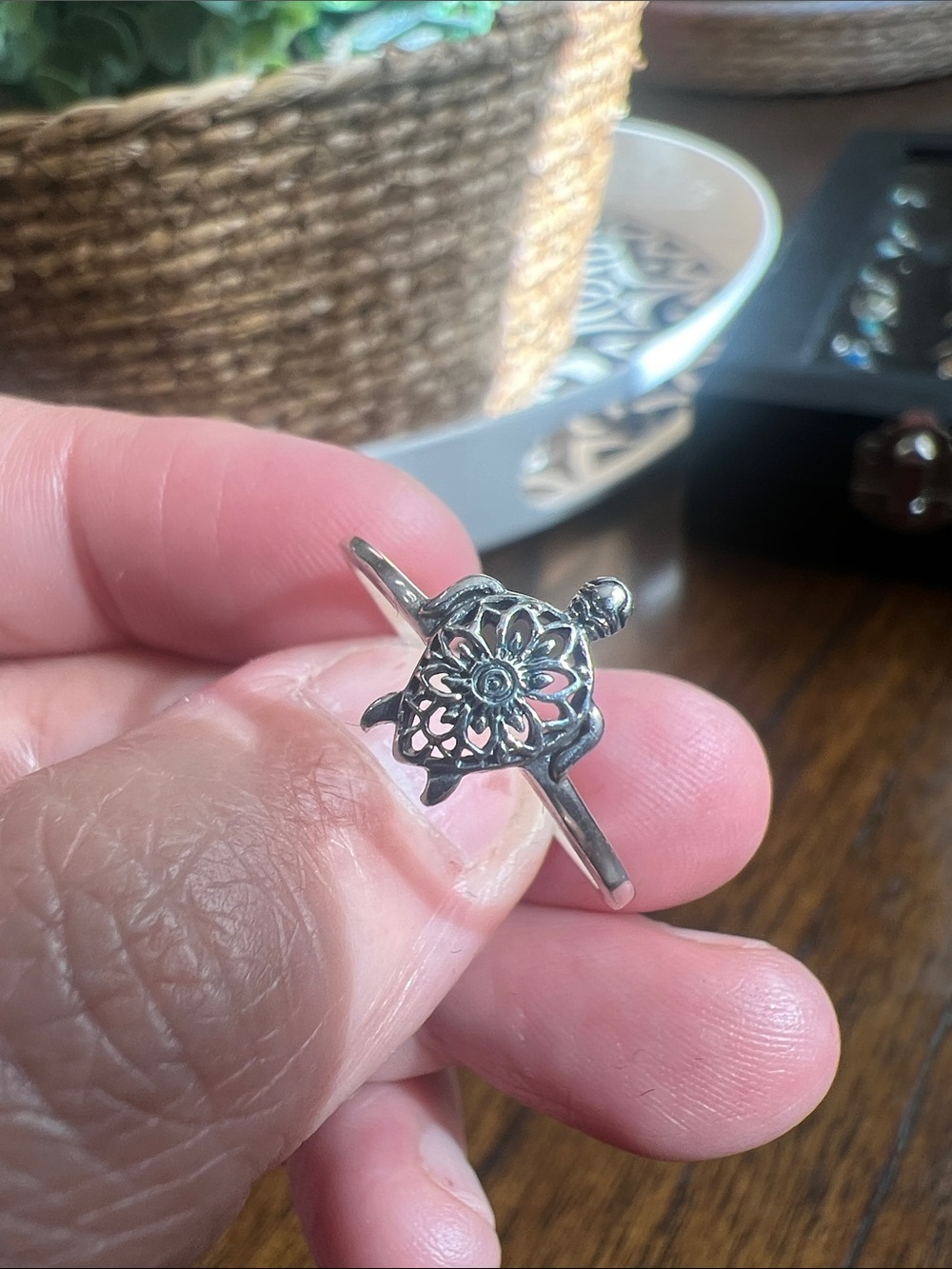 Sterling Silver Floral Turtle Ring - Women Jewelry - Silver 9 3/4